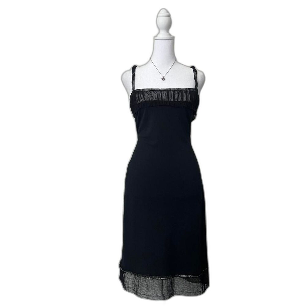 Moschino black dress sheer mesh trim ruffle neckline